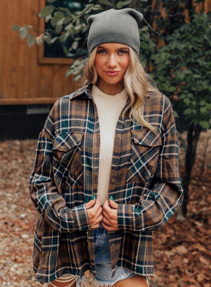 Brown Plaid Print Chest Pockets Buttoned Shacket