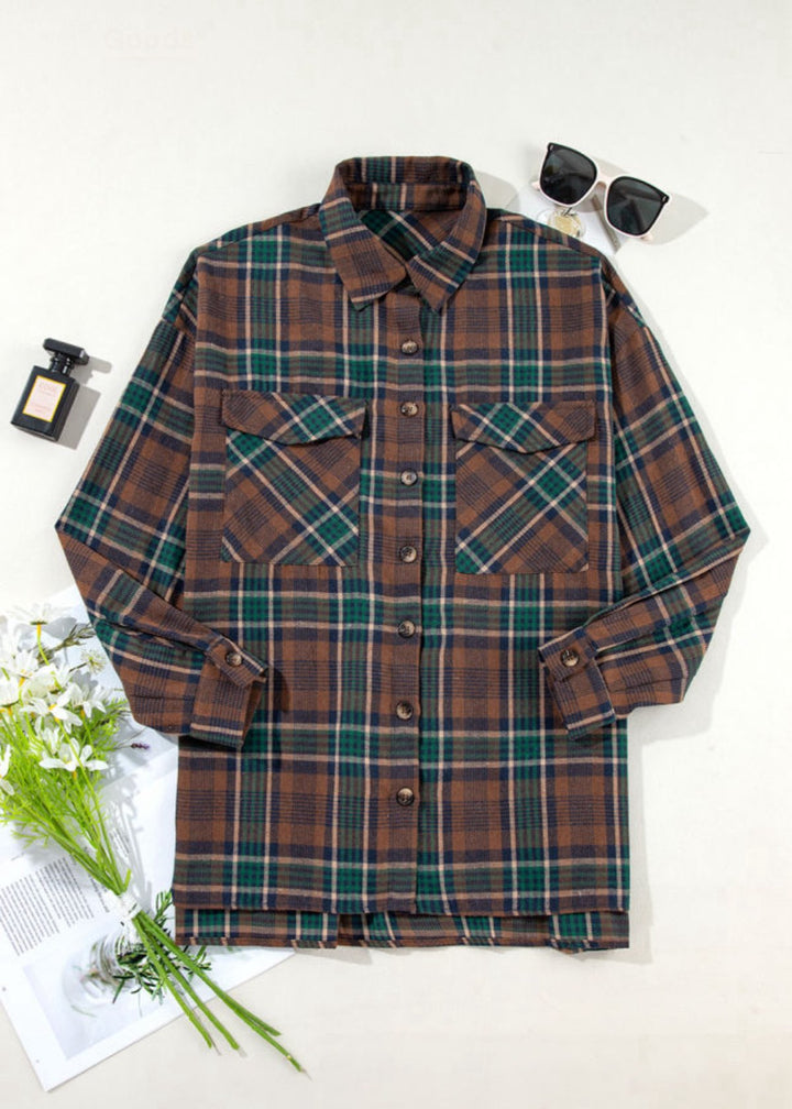 Brown Plaid Print Chest Pockets Buttoned Shacket